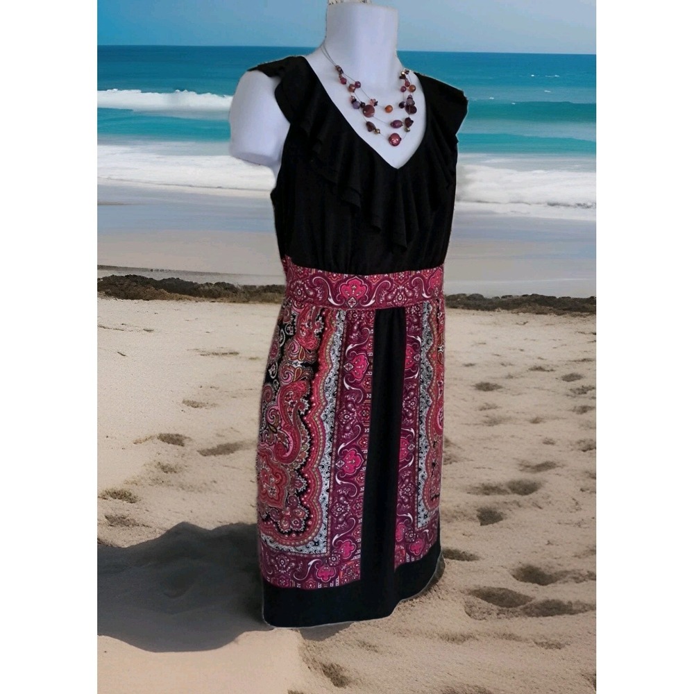 Dress Barn Shift Dress 16 Black Pink Paisley Ruffled Neckline Sleeveless Artsy